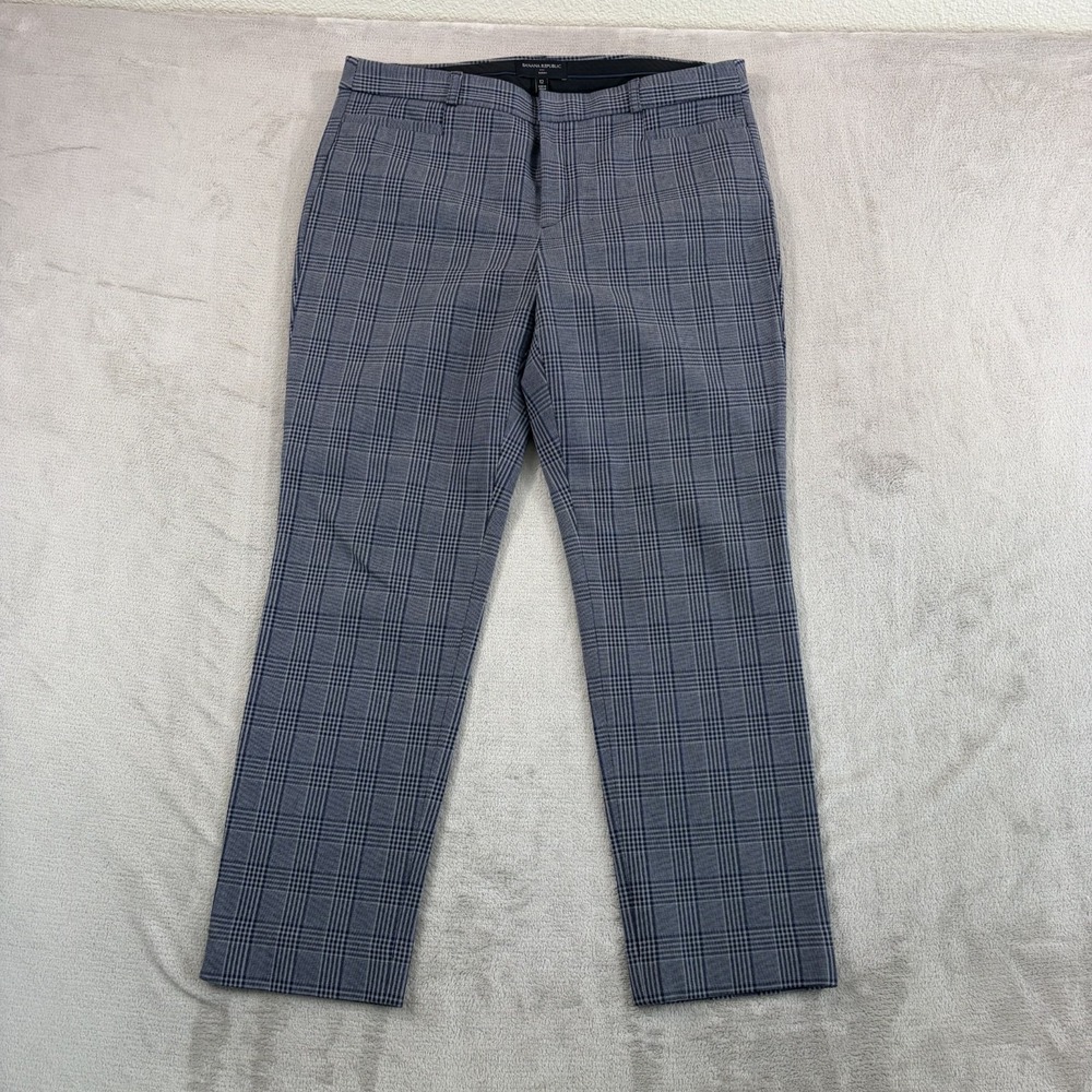 Banana Republic Straight Sloan Pants in Grey Blue Glen Check Women 12 Stretch